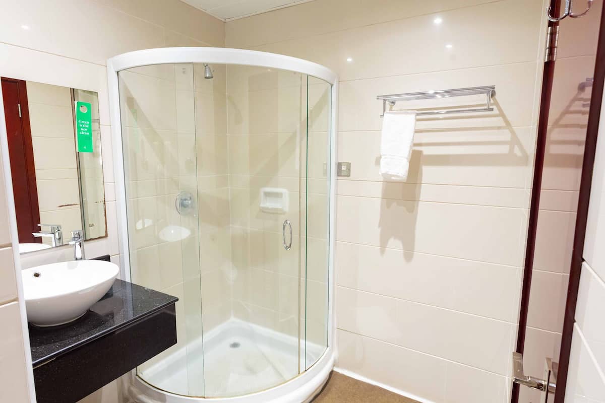 shower, rainfall showerhead, free toiletries, hair dryer