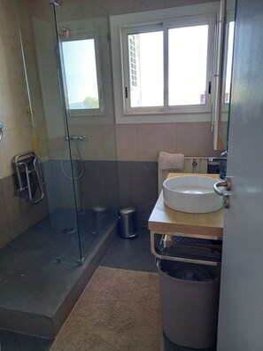 Shower, hair dryer, towels, toilet paper