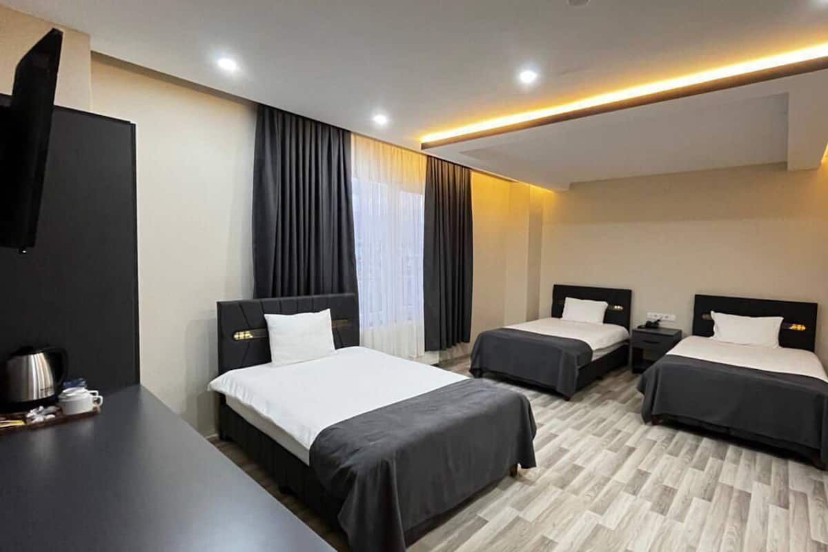 A hotel room with two single beds, a flat-screen TV, a desk with a coffee maker, and a wooden floor.