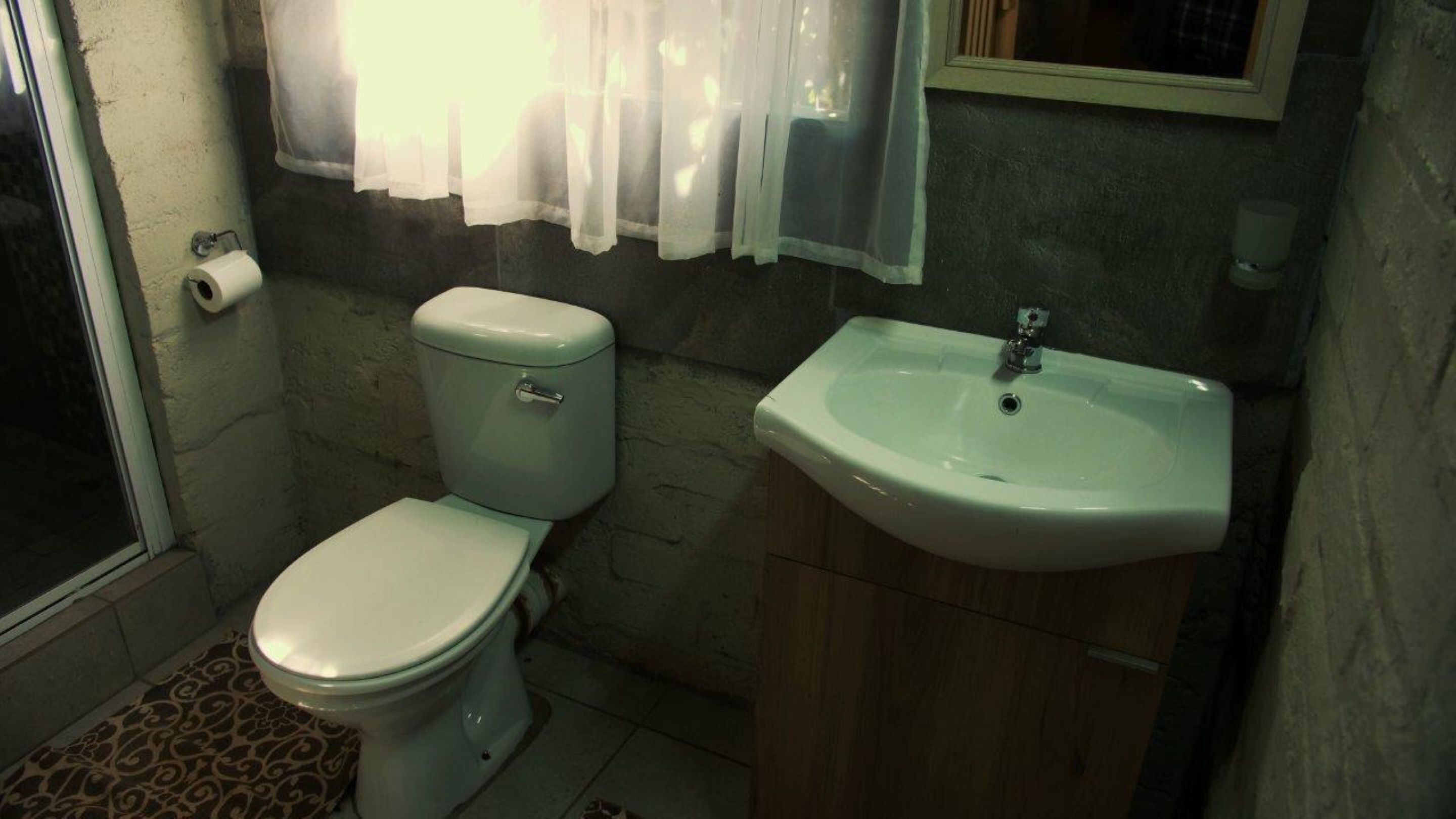 A small bathroom with a toilet, sink, and shower area.
