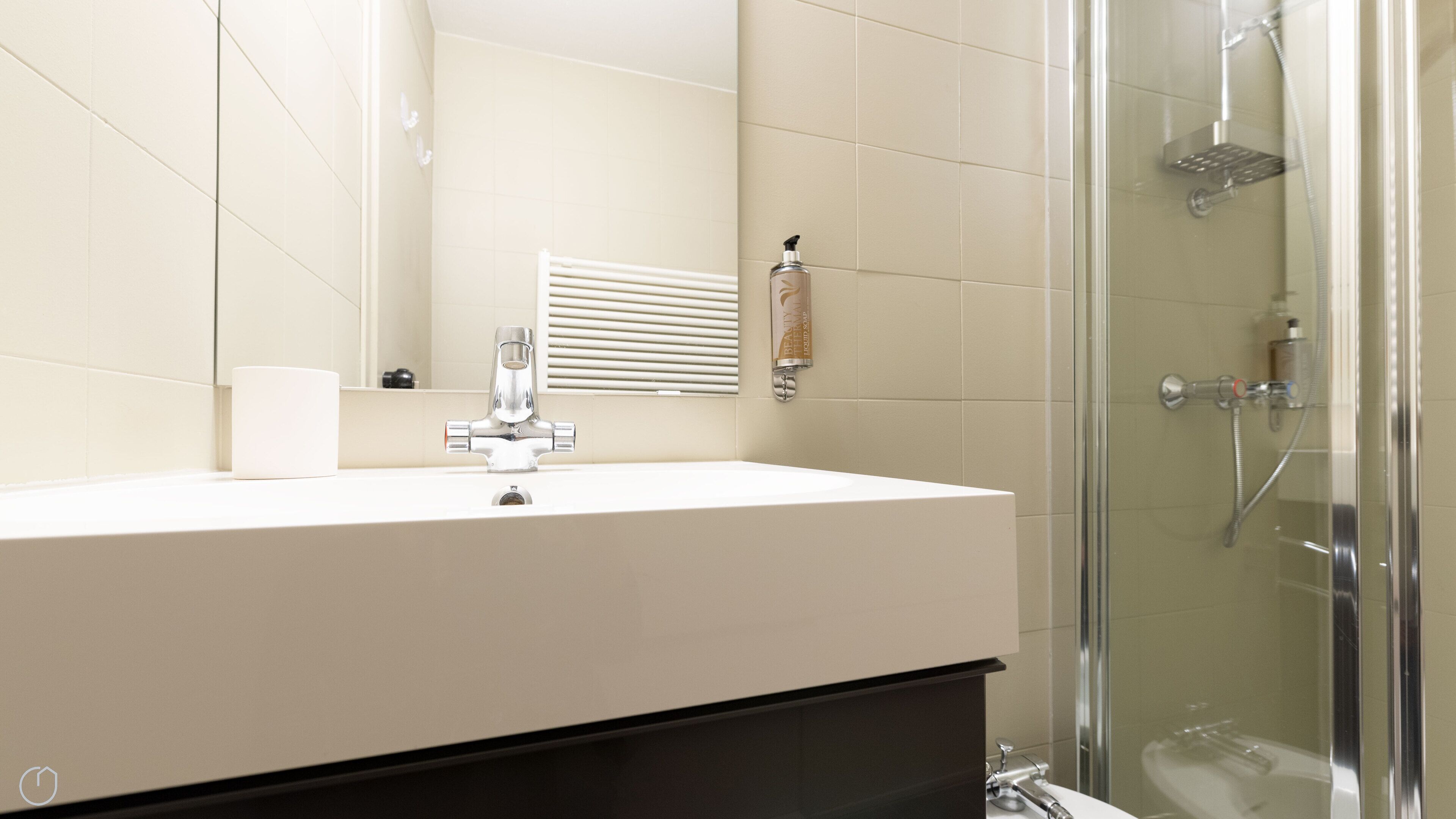 A modern bathroom with a large sink, a mirror, a handheld showerhead, and a glass-enclosed shower.