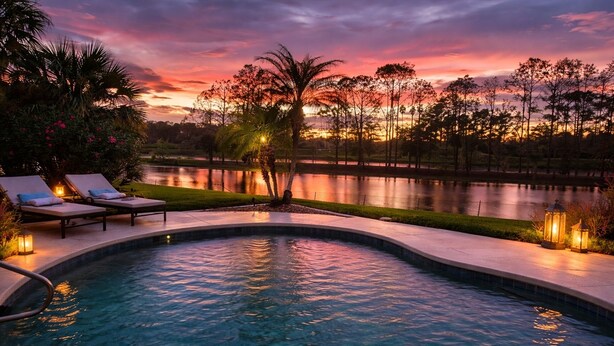 A swimming pool with lounge chairs and lights, surrounded by trees and a body of water.