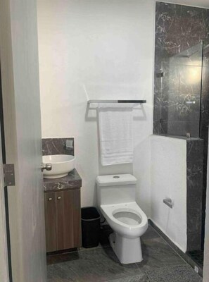 Dusche, Haartrockner, Handtücher, Seife