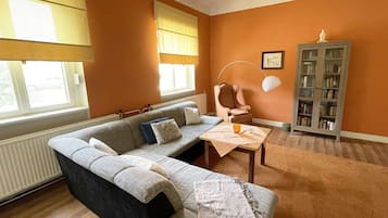 Fernseher, Kamin, Bücher, Musikbibliothek