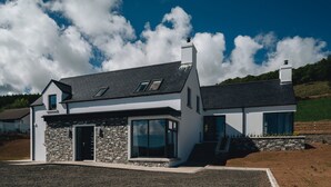 Een modern huis met een stenen gevel, grote ramen en een schuin dak.
