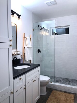Shower, hair dryer, towels, soap - Guest House On Wooded Acre (Austin)