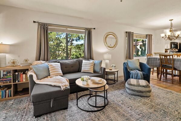 Smart TV, fireplace, DVD player, books