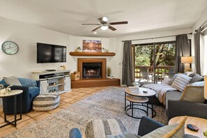 Smart TV, fireplace, DVD player, books