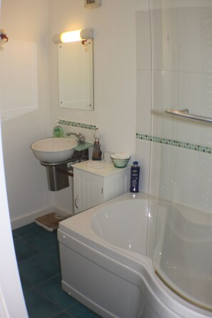 Combined shower/tub, hair dryer, towels, soap