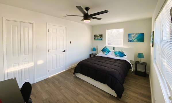 1 chambre, décor unique, ameublement unique, fer et planche à repasser