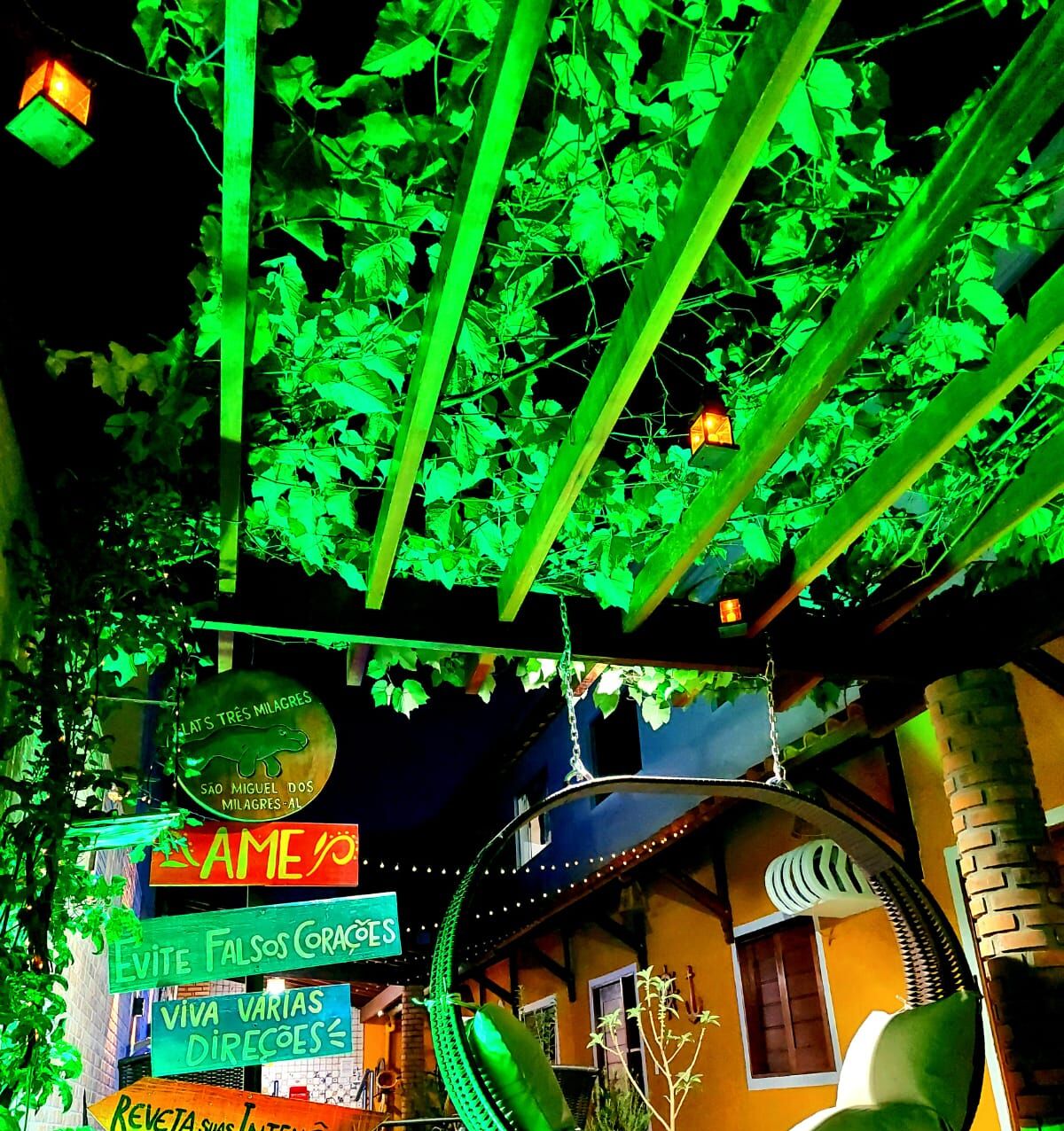 Vista nocturna de un edificio con una pérgola cubierta de hiedra y letreros iluminados.