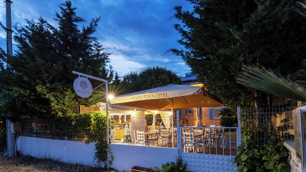 A cozy outdoor seating area with tables and chairs under a canopy, surrounded by trees and a white wall. - Casa Gaia Otel (Bozcaada)