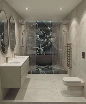 A modern bathroom with a marble shower enclosure, a double sink vanity, and a toilet.