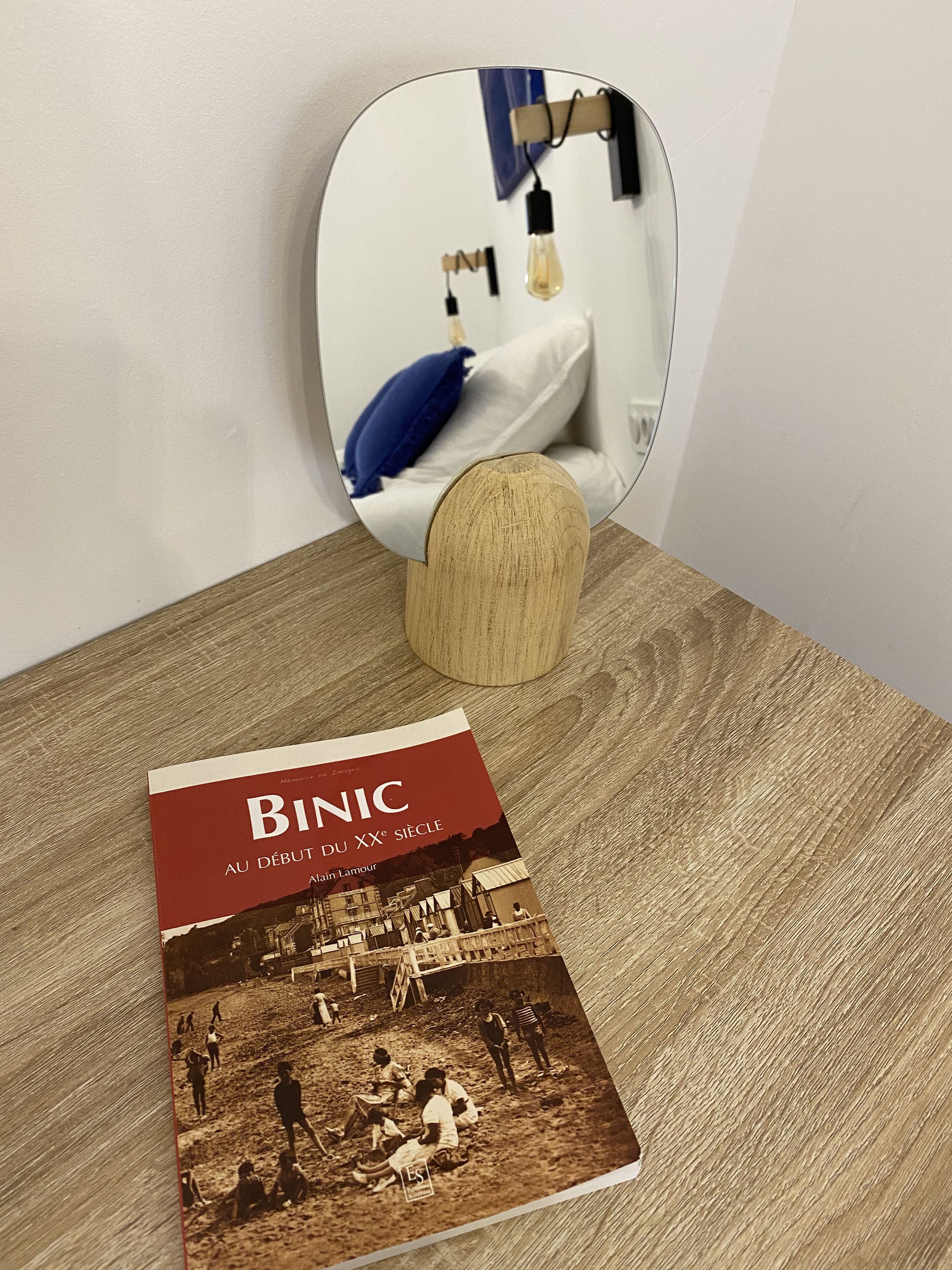 Een boek met de titel 'BINIC AU DÉBUT DU XXe SIÈCLE' op een houten ondergrond.