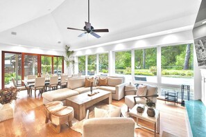 Deluxe House | Living area | 60-inch Smart TV with digital channels, fireplace, video-game console