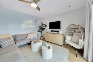Smart TV, fireplace, books, printers