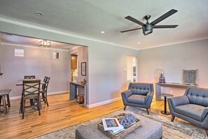 Smart TV, fireplace, books
