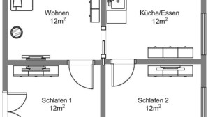 A floor plan of a 57m² apartment with 12m² living area, 12m² kitchen, 5m² bathroom, and 12m² two bedrooms. - Moderne Ferienwohnung in Kassel (Kassel)