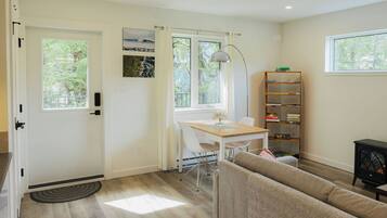 Smart TV, fireplace, books, video library