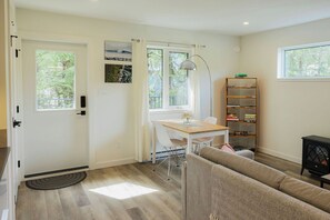 Smart TV, fireplace, books, video library