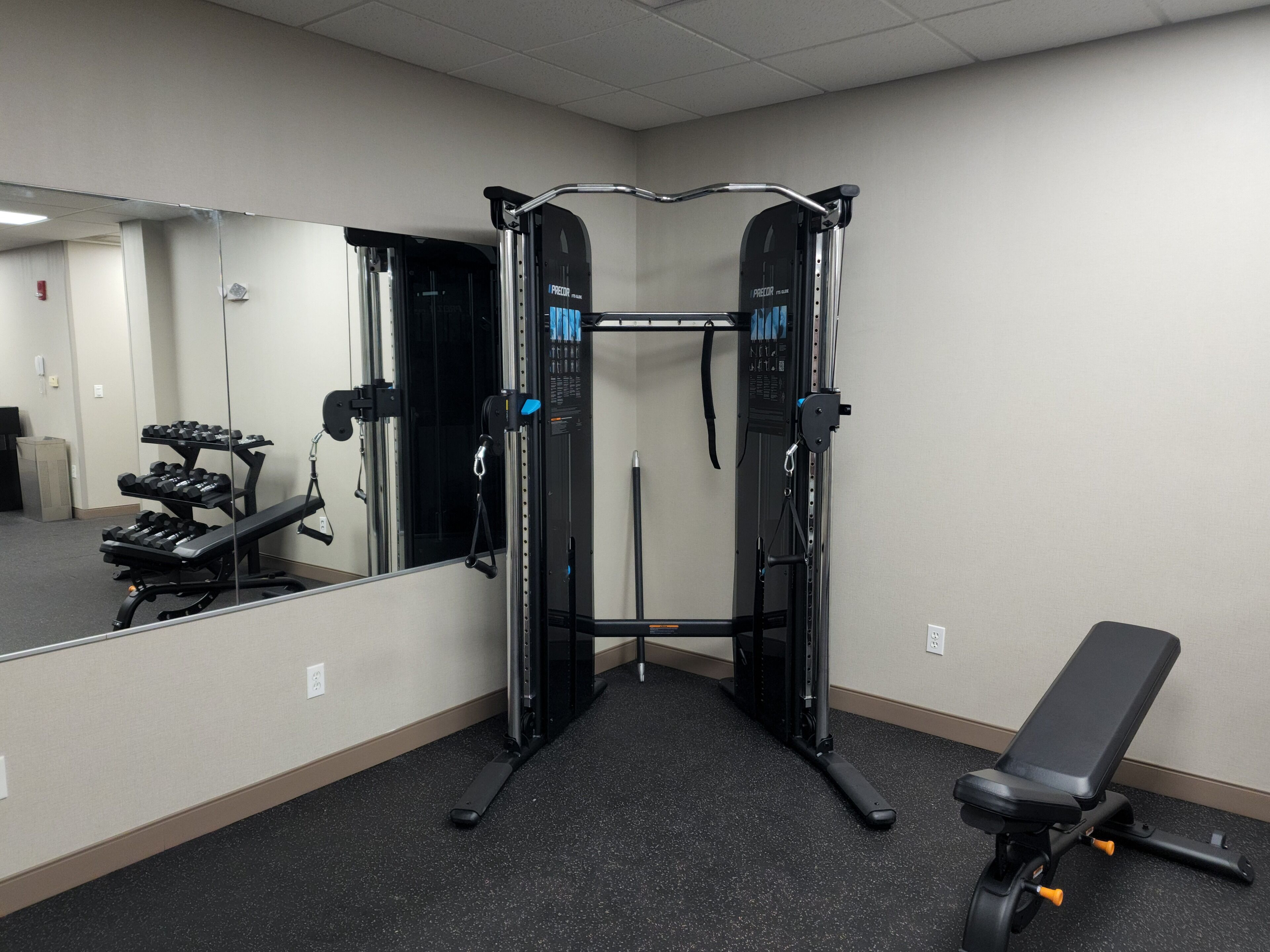 Ein Fitnessraum mit Squat-Rack, Bank und Gewichten.