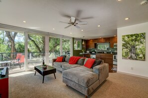 Smart TV, fireplace, books