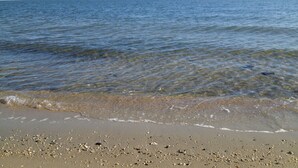 Une plage à l’eau claire et au rivage sablonneux.