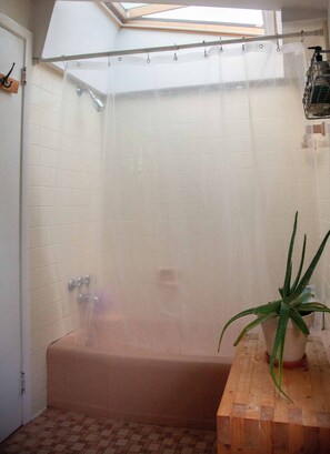 Bañera con ducha, secador de pelo, toallas