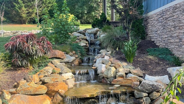 A landscaped garden with a small waterfall, surrounded by rocks and various plants. - New 4k sf Mdrn Farmhouse-hot tub-fire pit-games on 3 acres 7 minutes from dwntn. (Asheville)