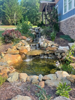 A landscaped garden with a small waterfall, surrounded by rocks and various plants.