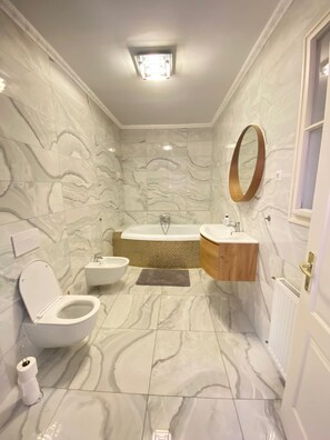 Shower, hair dryer, bidet, towels