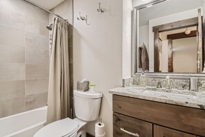 Combined shower/bathtub, hair dryer, towels, soap
