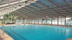 An indoor swimming pool with a glass ceiling, surrounded by lounge chairs and a poolside area. - Fun Riverside Cabin: Indoor Games+Hot Tub+Firepit (Ellijay)