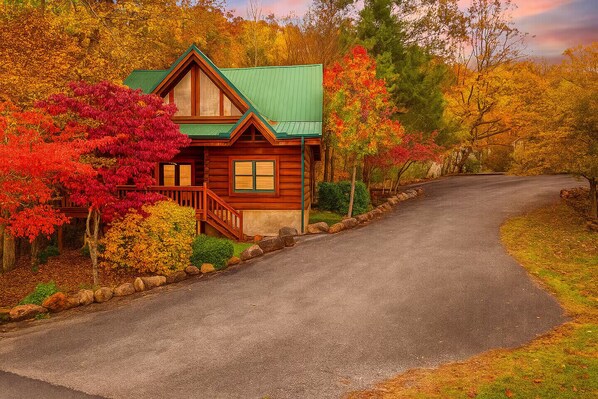 A cabin with a green roof, surrounded by autumn foliage.
