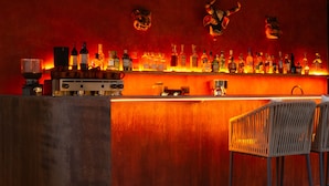 Zona de bar con chimenea, asientos y una variedad de botellas.