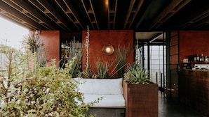 Un interior moderno con techo de madera, una pared de acento roja, una lámpara redonda y una zona de bar con botellas.