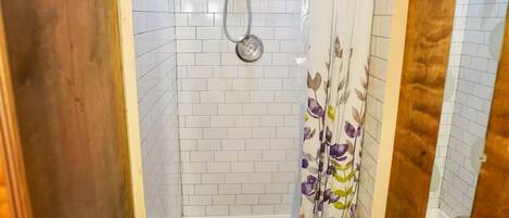 A small, enclosed shower area with a showerhead, a toilet, and a small stool.