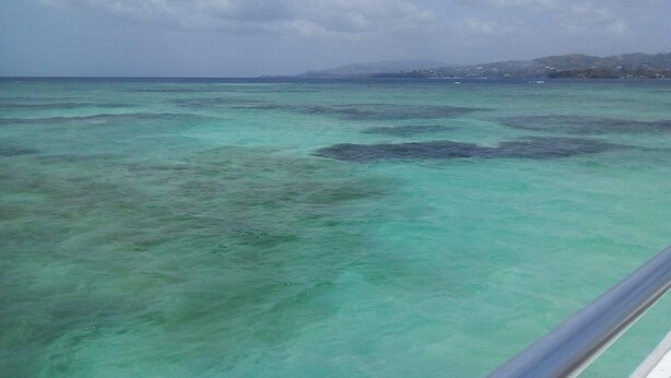 Une vue sur une mer turquoise, aux eaux limpides, avec une terre lointaine à l'horizon.