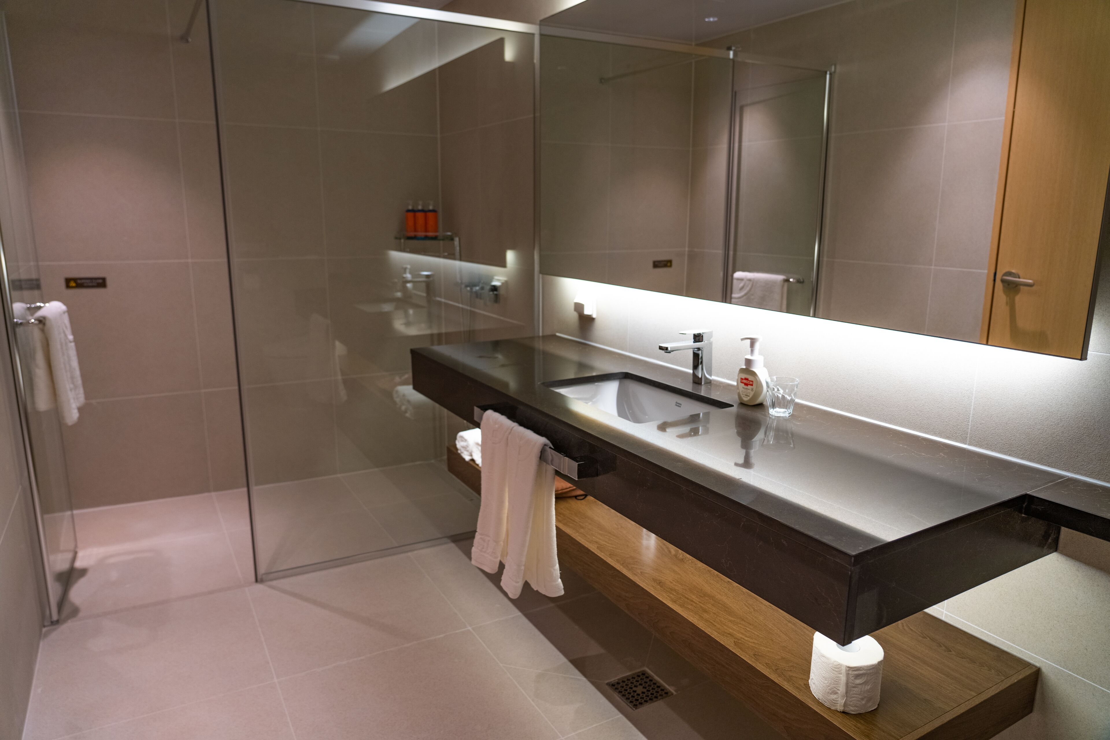 A modern bathroom with a glass shower enclosure, a dark countertop sink, and a large mirror.