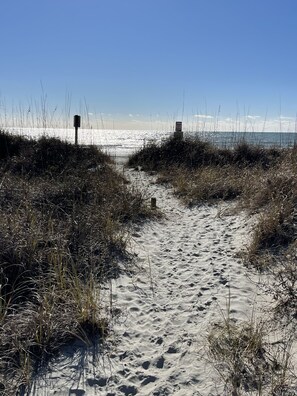 On the beach, sun loungers, beach towels