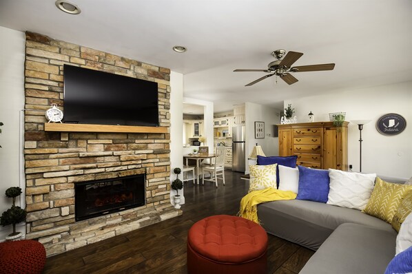 Smart TV, fireplace, table football