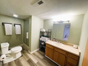 Ensemble douche/baignoire, sèche-cheveux, serviettes fournies