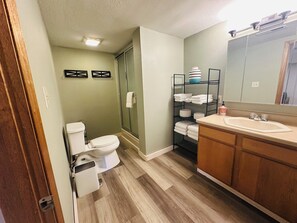 Combined shower/tub, hair dryer, towels