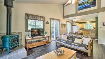 TV, fireplace, books