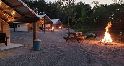 Three Lakeside Canvas Cottages group campsite at Parakeet Cove