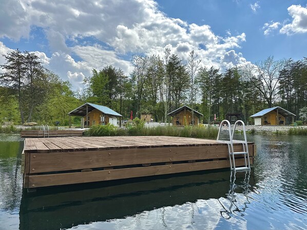 A wooden dock extending into a lake with a ladder, surrounded by cabins with blue roofs and a clear sky.
