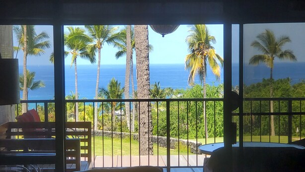 Ein Balkon mit Blick auf das Meer und Palmen.