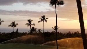 Ein Golfplatz mit Palmen und Blick auf den Ozean bei Sonnenuntergang.