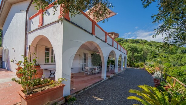 A building with a covered patio area, outdoor seating, and a gravel pathway. - LA PALAZZINA NEL VERDE - PALAZZINA NEL VERDE N° 2 (Campo nell'Elba)
