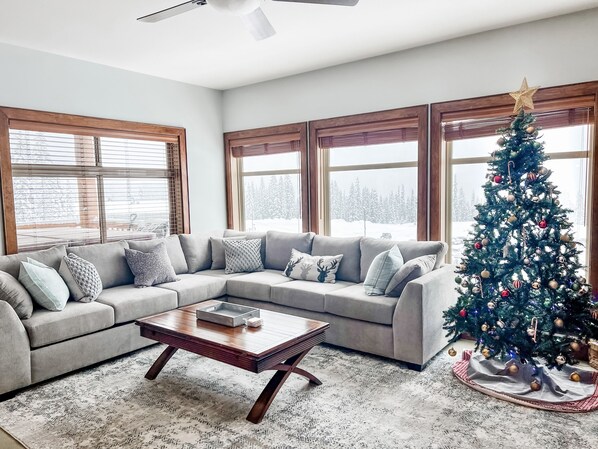 Smart TV, caminetto, libri, impianto stereo